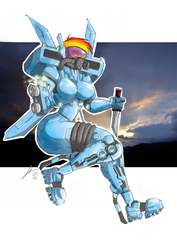 Size: 1200x1697 | Tagged: safe, artist:ozu-kenji, rainbow dash, human, g4, armor, breasts, busty rainbow dash, female, gun, hmd, humanized, jetpack, knife, science fiction, swag, video game, weapon