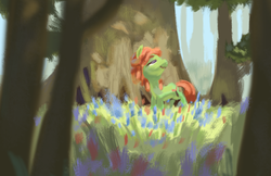 Size: 1125x730 | Tagged: safe, artist:verrmont, tree hugger, earth pony, pony, g4, make new friends but keep discord, female, flower, forest, solo