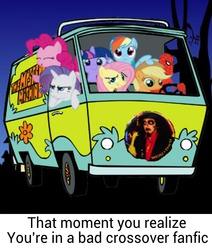 Size: 595x701 | Tagged: safe, applejack, fluttershy, pinkie pie, rainbow dash, rarity, twilight sparkle, pegasus, pony, unicorn, g4, 60s spider-man, bad fanfic, crossover, everything is ruined, female, male, mane six, mare, meme, mystery machine, reaction image, scooby-doo!, spider-man, svengoolie, wat