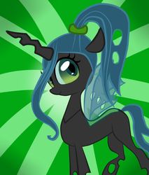 Size: 2000x2343 | Tagged: safe, artist:shishapony, queen chrysalis, changeling, changeling queen, nymph, g4, alternate hairstyle, cute, cutealis, female, looking at you, ponytail, raised leg, smiling, solo, sunburst background, younger
