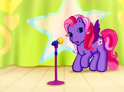 Size: 831x616 | Tagged: safe, screencap, starsong, g3, meet the ponies, starsong's dance & sing party, female, flashback, looking at you, microphone, solo, stage