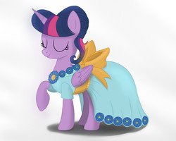 Size: 2500x2000 | Tagged: safe, artist:regolithx, twilight sparkle, alicorn, pony, g4, clothes, dress, eyes closed, female, folded wings, gala dress, high res, mare, raised hoof, solo, twilight sparkle (alicorn), wings