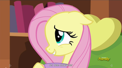 Size: 1280x713 | Tagged: safe, screencap, fluttershy, pegasus, pony, g4, make new friends but keep discord, cute, female, floppy ears, fluttertree, mare, meme, shyabetes, smiling, youtube caption