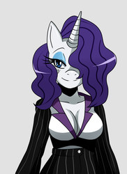 Size: 1244x1708 | Tagged: safe, artist:ss2sonic, rarity, unicorn, anthro, g4, bedroom eyes, breasts, busty rarity, cleavage, clothes, female, hair over one eye, looking at you, simple background, smiling, solo, white background