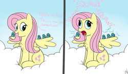 Size: 1711x990 | Tagged: safe, artist:pbhorse, fluttershy, bird, pegasus, pony, g4, behaving like a bird, chest fluff, cloud, cute, derp, eyes closed, female, mare, mlpgdraws, open mouth, sitting, smiling, spread wings, wings