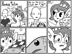 Size: 960x724 | Tagged: safe, artist:tjpones, oc, oc only, oc:brownie bun, oc:richard, earth pony, fish, human, pony, horse wife, ask, comic, crying, cute, cutemail, ear fluff, female, grayscale, grimderp, herbivore vs omnivore, human male, male, mare, monochrome, sad, sadorable, slice of life, teary eyes, tumblr, wifeliness