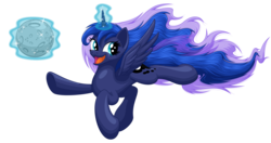 Size: 3800x2000 | Tagged: safe, artist:ohemo, princess luna, alicorn, pony, g4, female, high res, looking at you, magic, mare, moon, open mouth, open smile, smiling, smiling at you, solo, tangible heavenly object, telekinesis