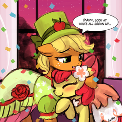 Size: 750x750 | Tagged: safe, artist:lumineko, apple bloom, applejack, earth pony, pony, g4, make new friends but keep discord, blushing, bow, clothes, dress, eyes closed, female, filly, freckles, gala dress, hair bow, hat, hug, mare, open mouth, smiling