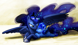 Size: 1300x747 | Tagged: safe, artist:mister-saugrenu, princess luna, oc, oc:prince jason, alicorn, pony, g4, alicorn oc, ethereal mane, ethereal tail, eyes closed, female, filly, hoof shoes, lying down, prone, spread wings, tail, wings