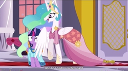 Size: 1279x712 | Tagged: safe, screencap, princess celestia, twilight sparkle, alicorn, pony, g4, make new friends but keep discord, female, mare, meme, princess destructlestia, twilight sparkle (alicorn), wing shove, wingpush, youtube caption