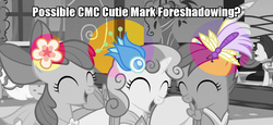 Size: 1340x618 | Tagged: safe, edit, edited screencap, screencap, apple bloom, scootaloo, sweetie belle, earth pony, pegasus, pony, unicorn, g4, make new friends but keep discord, clothes, cutie mark, cutie mark crusaders, dress, eyes closed, female, filly, foal, foreshadowing, gala dress, grand galloping gala, hilarious in hindsight, jossed, speculation, trio, we were trolled