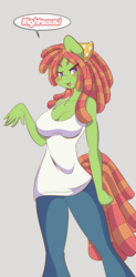 Size: 800x1620 | Tagged: safe, artist:mastergodai, tree hugger, earth pony, anthro, g4, make new friends but keep discord, big breasts, breasts, busty tree hugger, chest fluff, cleavage, clothes, female, solo, tank top