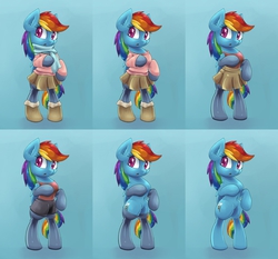 Size: 2250x2100 | Tagged: safe, artist:lovelyneckbeard, rainbow dash, g4, backwards cutie mark, boots, clothes, female, gloves, high res, rainbow dash always dresses in style, scarf, shorts, skirt, socks, solo, stockings, sweater