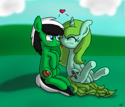Size: 802x689 | Tagged: safe, artist:sketchydesign78, oc, oc only, oc:racer hooves, oc:sketchy design, earth pony, pony, unicorn, couple, cute, female, licking, love, male, nose licking, shipping, straight