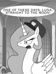 Size: 330x436 | Tagged: safe, artist:sonic-chaos, princess celestia, alicorn, pony, g4, female, grayscale, hat, monochrome, solo, the honeymooners, to the moon