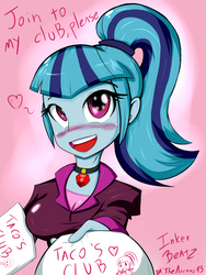 Size: 1800x2400 | Tagged: safe, artist:noisyvox, adagio dazzle, sonata dusk, equestria girls, g4, blushing, breasts, busty sonata dusk, cute, dialogue, female, grammar error, heart, invitation, solo, sonatabetes, sonataco, that girl sure loves tacos, that siren sure does love tacos