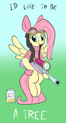 Size: 612x1134 | Tagged: safe, artist:metal-kitty, fluttershy, pegasus, pony, g4, blue background, bottomless, bunny ears, clothes, crossover, dangerous mission outfit, female, flying, glasses, gradient background, green background, gun, hooves, i'd like to be a tree, jar, jarate, mare, optical sight, partial nudity, pee in container, rifle, simple background, sniper, sniper (tf2), sniper rifle, snipershy, solo, spread wings, sweater, sweatershy, team fortress 2, text, turtleneck, urine, weapon, wings