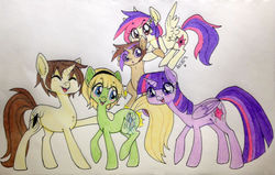 Size: 1526x972 | Tagged: safe, artist:ameliacostanza, twilight sparkle, oc, oc:ben parker sparkle, oc:mayday parker sparkle, alicorn, earth pony, pegasus, pony, unicorn, spiders and magic: rise of spider-mane, g4, crossover, gwen stacy, male, marvel, offspring, parent:peter parker, parent:twilight sparkle, parents:spidertwi, peter parker, ponified, spider-gwen, spider-man, spiders and magic iv: the fall of spider-mane, spidertwi, traditional art