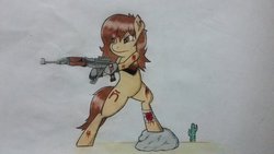 Size: 2048x1152 | Tagged: safe, oc, oc only, oc:maría teresa de los ponyos paguetti, ak-74, assault rifle, dessert, traditional art, weapon