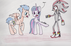 Size: 1024x659 | Tagged: safe, artist:moonwalkingmjeve, flash sentry, twilight sparkle, alicorn, pony, g4, crossover, female, fight, male, mare, shadow the hedgehog, sonic the hedgehog (series), traditional art, twilight sparkle (alicorn)