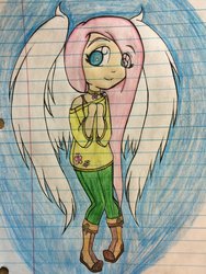 Size: 1024x1365 | Tagged: safe, artist:shewolfuknow, fluttershy, human, g4, clothes, female, humanized, lined paper, solo, sweatershy, traditional art, winged humanization