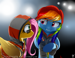 Size: 1268x984 | Tagged: safe, artist:supermare, fluttershy, rainbow dash, g4, beanie, clothes, crossover, delsin rowe, eugene sims, glasses, hat, hoodie, infamous, infamous second son, sunglasses