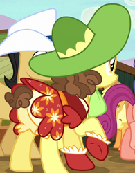 Size: 706x905 | Tagged: safe, screencap, applejack, bonnie rose, cherry cola, cherry fizzy, may fair, earth pony, pony, appleoosa's most wanted, g4, appleloosa resident, background pony, bloomers, clothes, cowboy hat, cropped, female, hat, mare, pantaloons, raised hoof, short tail, skirt, solo focus, underwear, upskirt, yellow underwear