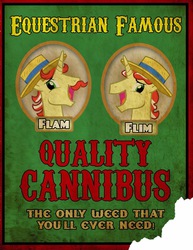 Size: 1237x1600 | Tagged: safe, flam, flim, g4, duo, fake sign, flim flam brothers, marijuana, pickle barrel kumquat, sign