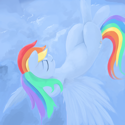 Size: 2500x2500 | Tagged: safe, artist:dimfann, rainbow dash, g4, cloud, cloudy, eyes closed, female, high res, lineless, smiling, solo, spread wings, upside down
