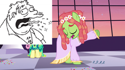 Size: 640x360 | Tagged: safe, edit, edited screencap, screencap, fluttershy, tree hugger, earth pony, pegasus, pony, g4, make new friends but keep discord, barney gumble, burp, comparison, eyes closed, female, hippie horse noises, male, mare, the simpsons, wavy mouth