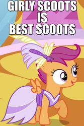 Size: 500x750 | Tagged: safe, screencap, scootaloo, dragonfly, g4, make new friends but keep discord, caption, clothes, cropped, cute, dress, feather, female, gala dress, happy, image macro, open mouth, raised hoof, solo