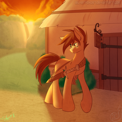 Size: 2000x2000 | Tagged: safe, artist:silverfox057, oc, oc only, building, cape, clothes, high res, outdoors, solo, sunset, sword, tree