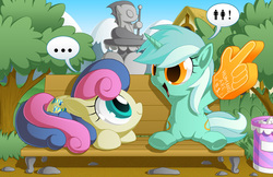 Size: 1700x1100 | Tagged: safe, artist:berrypawnch, bon bon, lyra heartstrings, sweetie drops, earth pony, pony, unicorn, g4, ..., adorabon, bench, berrypawnch is trying to murder us, big eyes, caption, confused, cute, dialogue, duo, duo female, english, female, foam finger, hand, implied human, looking at each other, looking up, lying, lyrabetes, meme, open mouth, prone, raised arm, raised leg, sitting, sitting lyra, smiling, speech bubble, statue, that pony sure does love humans, trash can, tree, underhoof, wide eyes