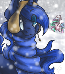 Size: 1080x1224 | Tagged: safe, artist:ebonytails, princess celestia, princess luna, alicorn, pony, rabbit, g4, clothes, cute, duo, duo female, female, hat, horn, mare, royal sisters, scarf, sisters, snow, snowfall, wings