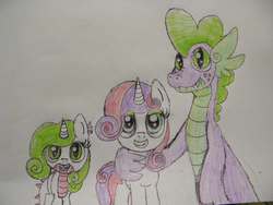 Size: 4000x3000 | Tagged: safe, artist:freakyfredover9000, spike, sweetie belle, dracony, hybrid, g4, female, interspecies offspring, male, offspring, older, parent:spike, parent:sweetie belle, parents:spikebelle, ship:spikebelle, shipping, straight, traditional art
