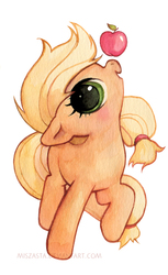 Size: 450x734 | Tagged: safe, artist:miszasta, applejack, g4, apple, balancing, chibi, cute, female, filly, filly applejack, jackabetes, ponies balancing stuff on their nose, solo, younger