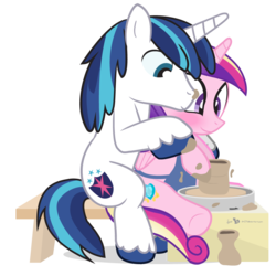 Size: 920x920 | Tagged: safe, artist:dm29, princess cadance, shining armor, g4, blushing, ceramics, clay, female, julian yeo is trying to murder us, male, pottery, pottery wheel, ship:shiningcadance, shipping, simple background, straight, transparent background, unchained melody