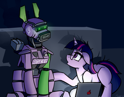 Size: 3900x3050 | Tagged: safe, artist:whitepone, spike, twilight sparkle, robot, g4, :o, apple (company), blank flank, chappie, computer, crossover, floppy ears, glasses, high res, laptop computer, macbook, macintosh (computer), messy mane, missing cutie mark, open mouth, sitting