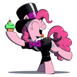 Size: 1600x1600 | Tagged: safe, artist:php104, pinkie pie, earth pony, pony, g4, clothes, cupcake, eyes closed, female, hat, simple background, solo, top hat, transparent background, tuxedo