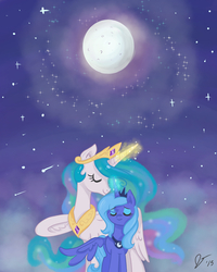 Size: 1600x2000 | Tagged: safe, artist:dreamscapevalley, princess celestia, princess luna, pony, g4, eyes closed, female, full moon, glowing horn, horn, hug, jewelry, magic, mare, moon, night, regalia, s1 luna, sibling love, siblings, sisterly love, sisters, sky, smiling, stars, winghug