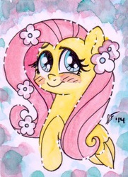 Size: 271x375 | Tagged: safe, artist:dreamscapevalley, fluttershy, pony, g4, blushing, bust, cute, female, flower, flower in hair, looking at you, mare, portrait, raised hoof, shy, smiling, solo, traditional art