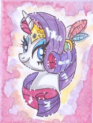 Size: 285x375 | Tagged: safe, artist:dreamscapevalley, rarity, pony, unicorn, g4, bedroom eyes, feather, female, horn, horn ring, jewelry, looking at you, mare, portrait, smiling, solo, tiara, traditional art