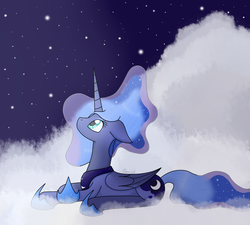 Size: 2000x1800 | Tagged: safe, artist:chomiczewska, princess luna, g4, cloud, cloudy, female, looking up, night, prone, solo