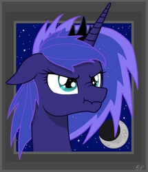 Size: 3000x3488 | Tagged: safe, artist:5bap99, princess luna, g4, alternate hairstyle, angry, bust, ears back, female, glare, high res, nose wrinkle, portrait, scrunchy face, short mane, solo