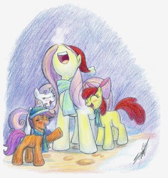 Size: 2720x2880 | Tagged: safe, artist:nightshadow154, apple bloom, fluttershy, scootaloo, sweetie belle, g4, breath, caroling, clothes, cutie mark crusaders, hat, high res, newbie artist training grounds, scarf, singing, traditional art