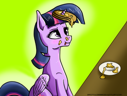 Size: 923x698 | Tagged: safe, artist:tincantim, twilight sparkle, alicorn, pony, castle sweet castle, g4, :p, eyes on the prize, female, food, horn, horn impalement, i'm pancake, looking up, mare, pancakes, sitting, smiling, solo, tongue out, twilight sparkle (alicorn)