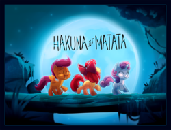 Size: 1340x1025 | Tagged: safe, artist:zombie, apple bloom, scootaloo, sweetie belle, earth pony, pegasus, pony, unicorn, g4, crossover, cute, cutie mark crusaders, disney, female, filly, foal, hakuna matata, night, scene parody, the lion king