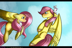 Size: 1024x683 | Tagged: safe, artist:juniormintotter, angel bunny, fluttershy, pegasus, pony, g4, angela bunny, blushing, butterscotch, duo, floppy ears, flying, looking at each other, looking at someone, r63 paradox, rule 63, self ponidox, unshorn fetlocks