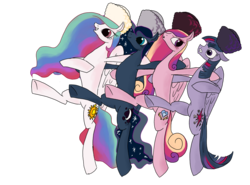 Size: 1353x1000 | Tagged: dead source, safe, artist:php15, princess cadance, princess celestia, princess luna, twilight sparkle, alicorn, pony, g4, alicorn tetrarchy, belly, concave belly, cossack dance, cossacks, dancing, female, hat, mare, simple background, sisters-in-law, slender, thin, transparent background, twilight sparkle (alicorn)