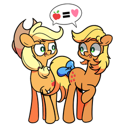 Size: 1280x1280 | Tagged: safe, artist:duop-qoub, artist:turtlefarminguy, applejack, applejack (g1), earth pony, pony, g1, g4, my little pony 'n friends, applejack's hat, bow, cowboy hat, cutie mark, dialogue, duo, female, g1 to g4, generation leap, generational ponidox, hat, looking at each other, mare, open mouth, speech bubble, tail bow, that pony sure does love apples